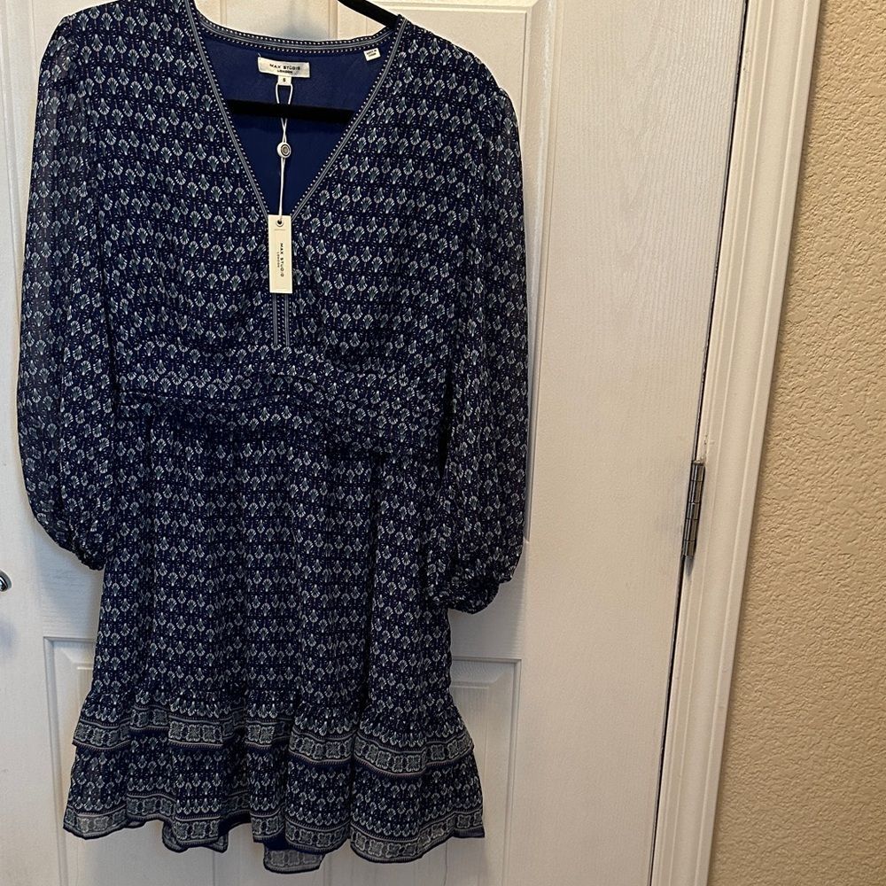 Max Studio Blue and White Patterned Long Sleeve Mini Dress, NWT Size Small